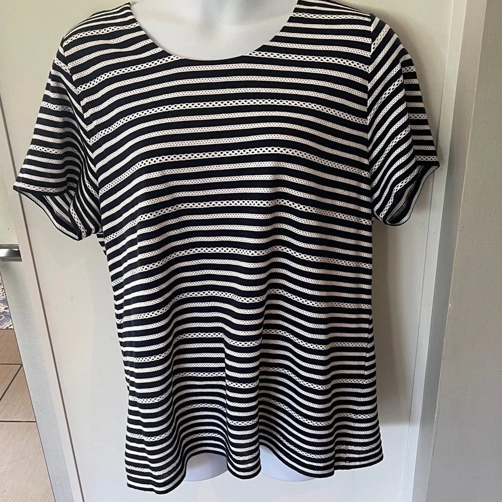 CJ Banks Navy Blue and White Striped Short Sleeve Top - Picture 1 of 8